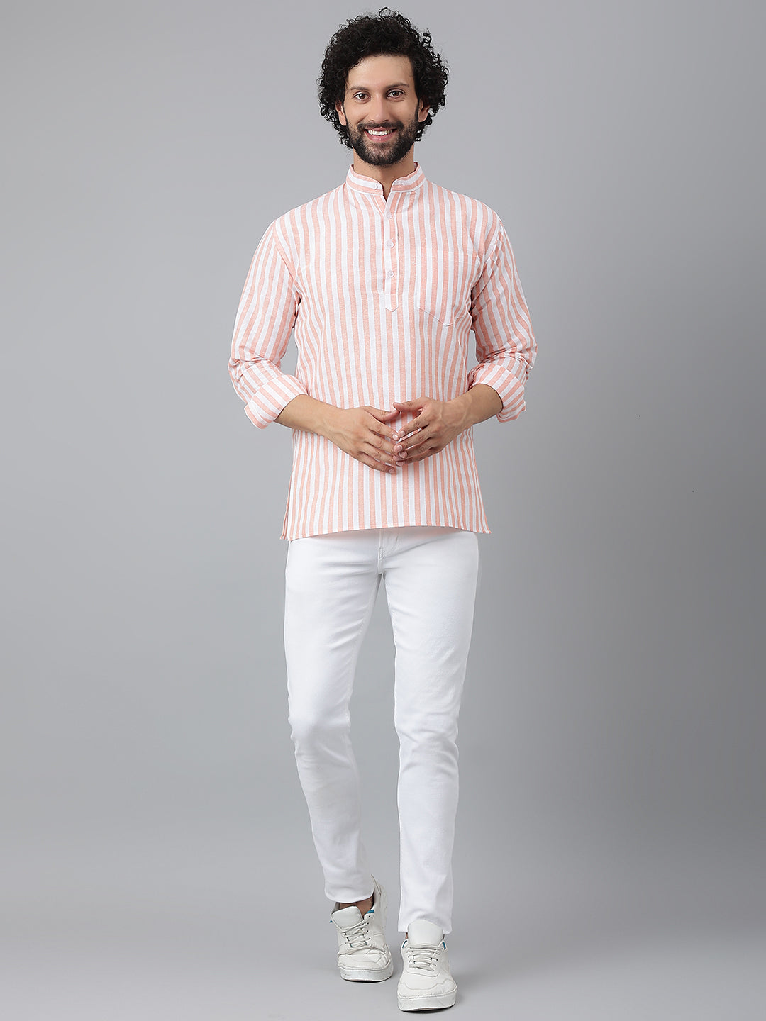 RIAG Orange Color Long Sleeves Casual Men's Cotton Short Kurta