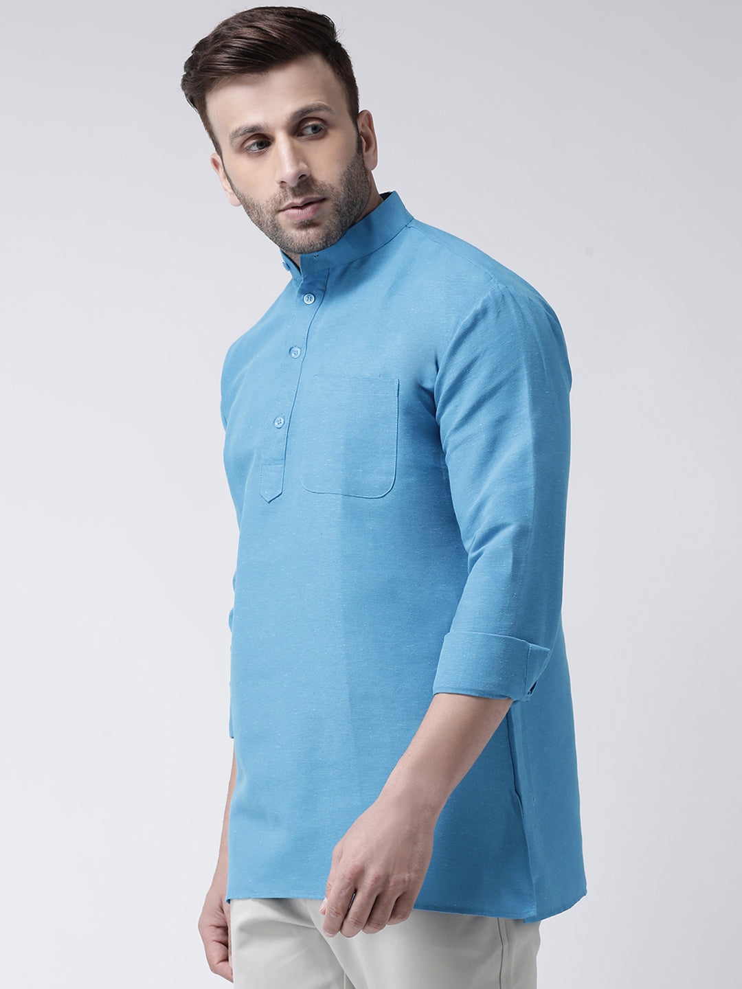 RIAG Blue Color Long Sleeves Men's Cotton Short Kurta