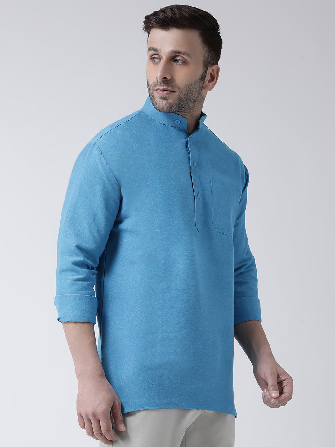 RIAG Blue Color Long Sleeves Men's Cotton Short Kurta