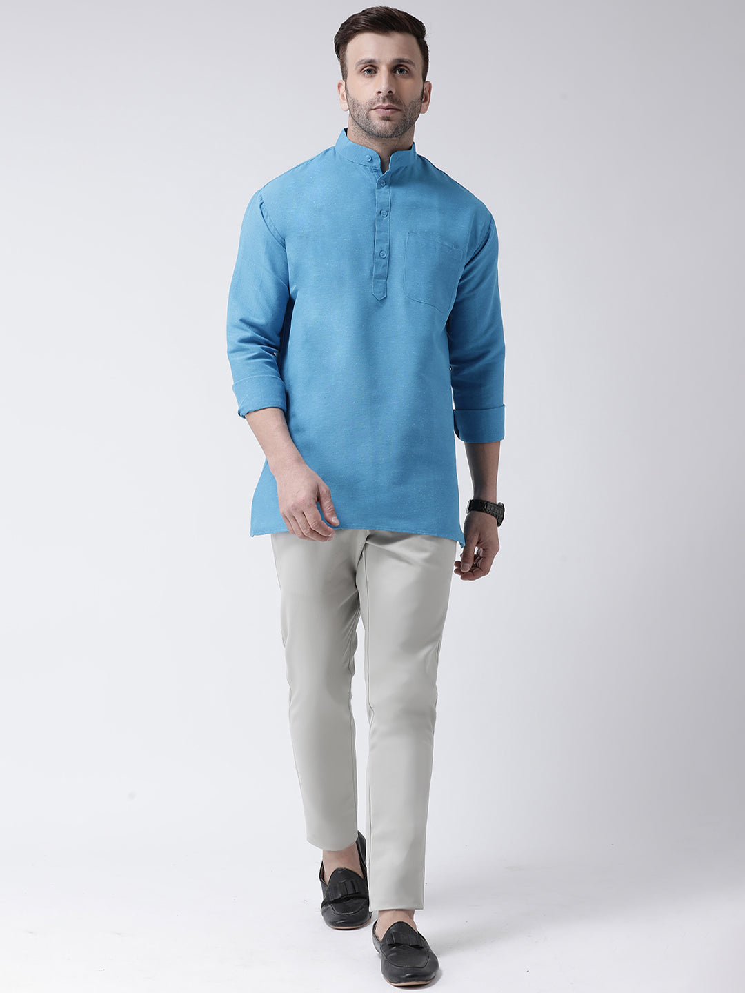 RIAG Blue Color Long Sleeves Men's Cotton Short Kurta