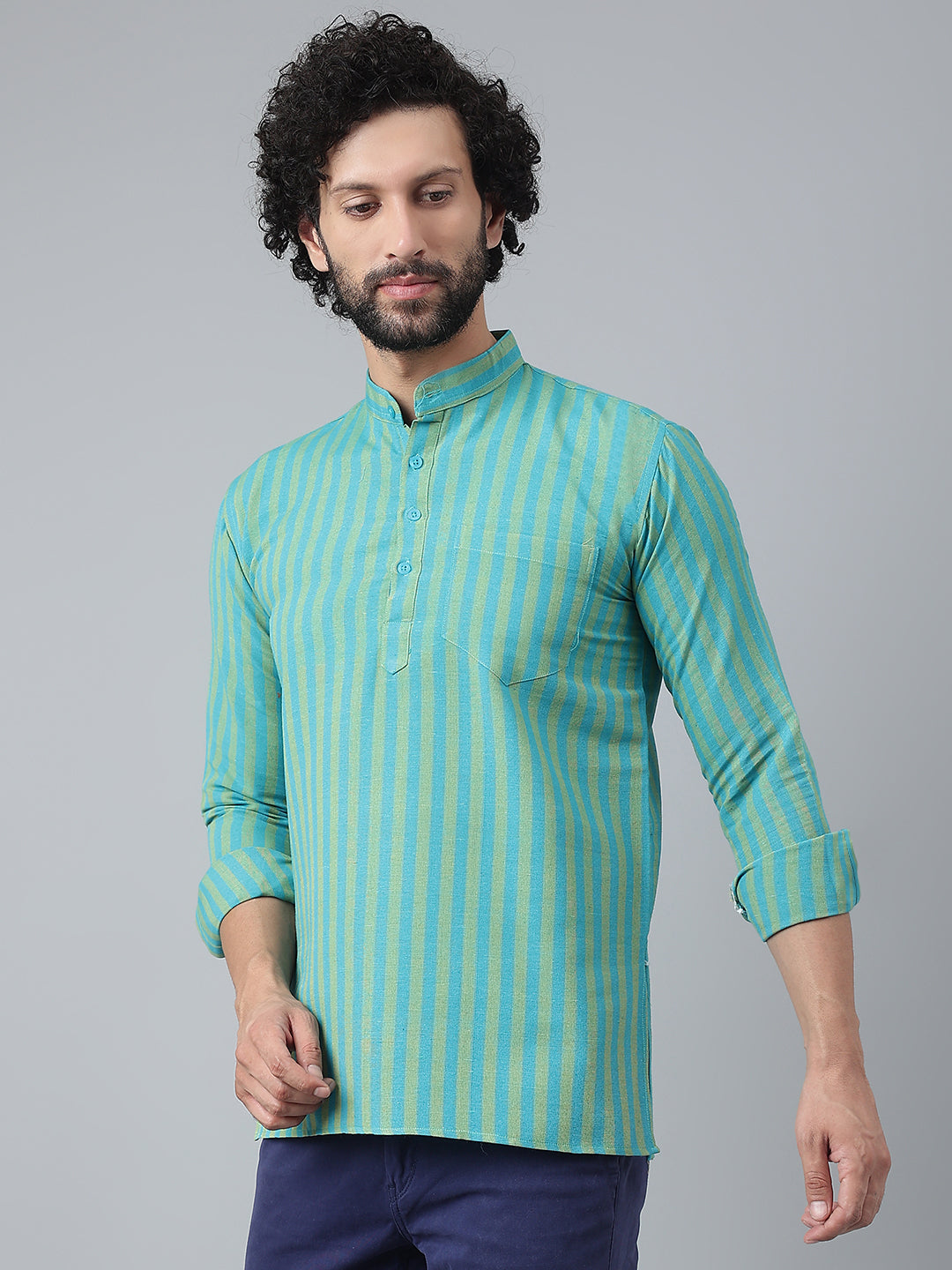 RIAG Blue Color Long Sleeves Casual Men's Cotton Short Kurta