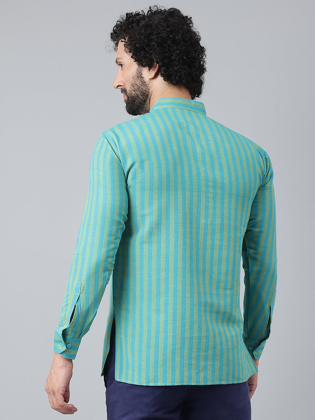RIAG Blue Color Long Sleeves Casual Men's Cotton Short Kurta