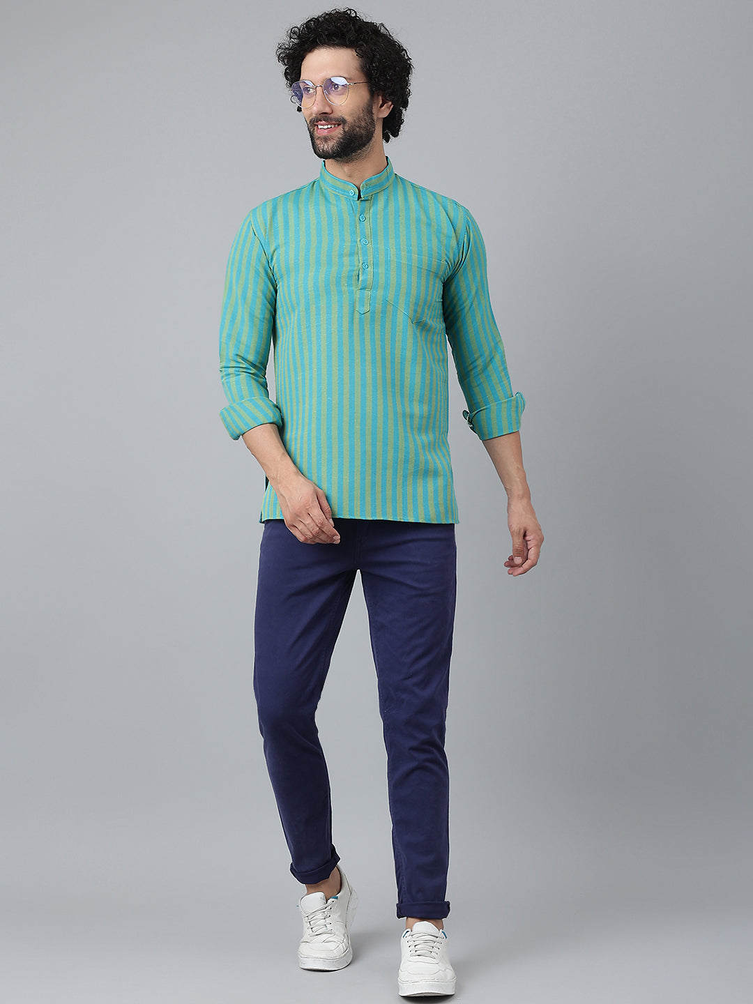 RIAG Blue Color Long Sleeves Casual Men's Cotton Short Kurta