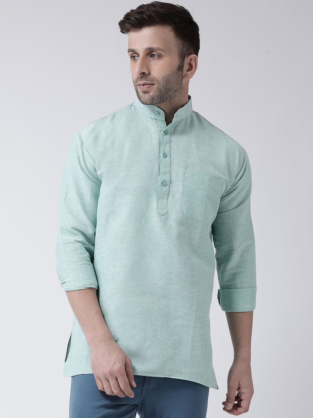 RIAG Green Color Long Sleeves Men's Cotton Short Kurta
