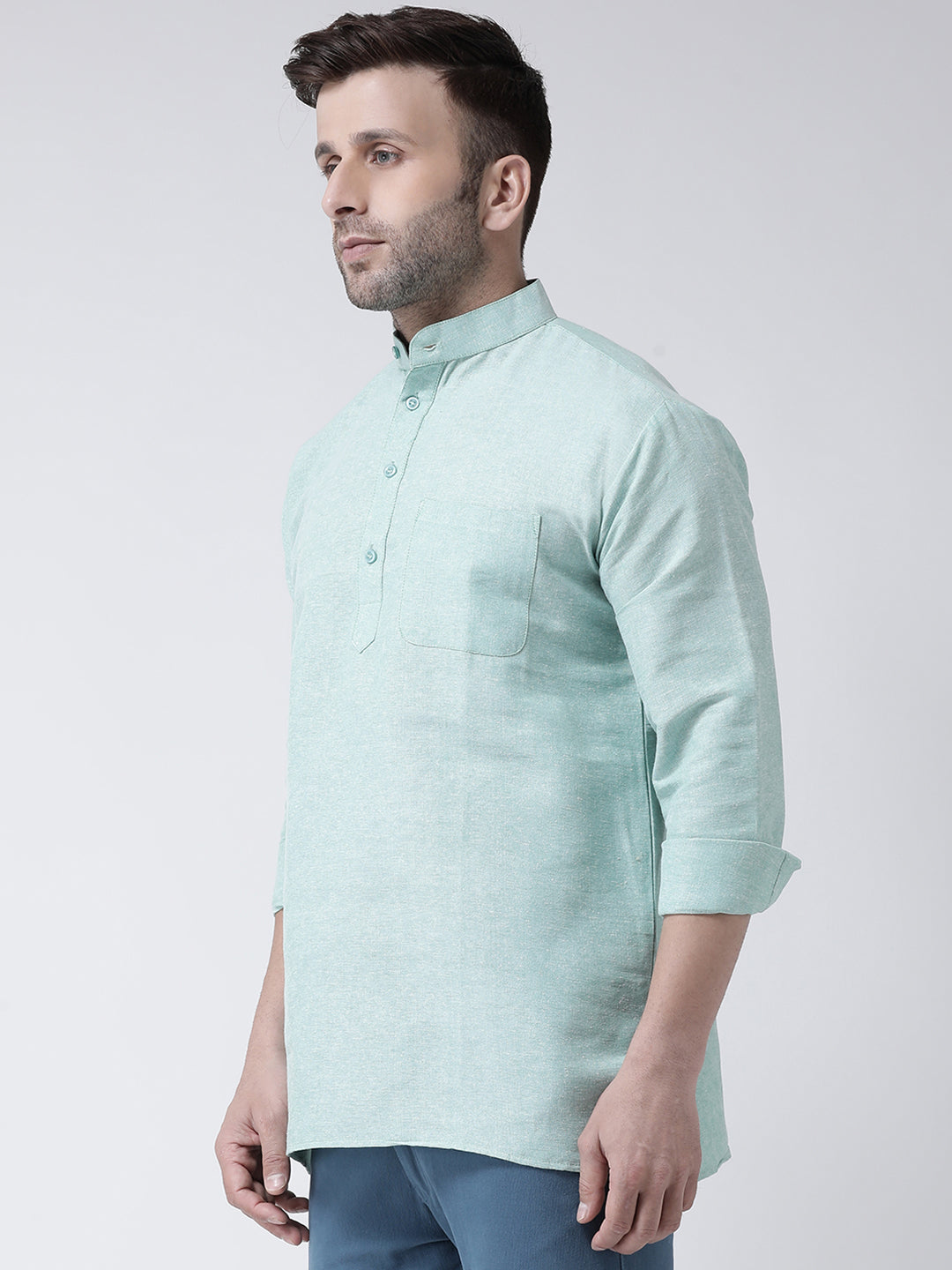 RIAG Green Color Long Sleeves Men's Cotton Short Kurta
