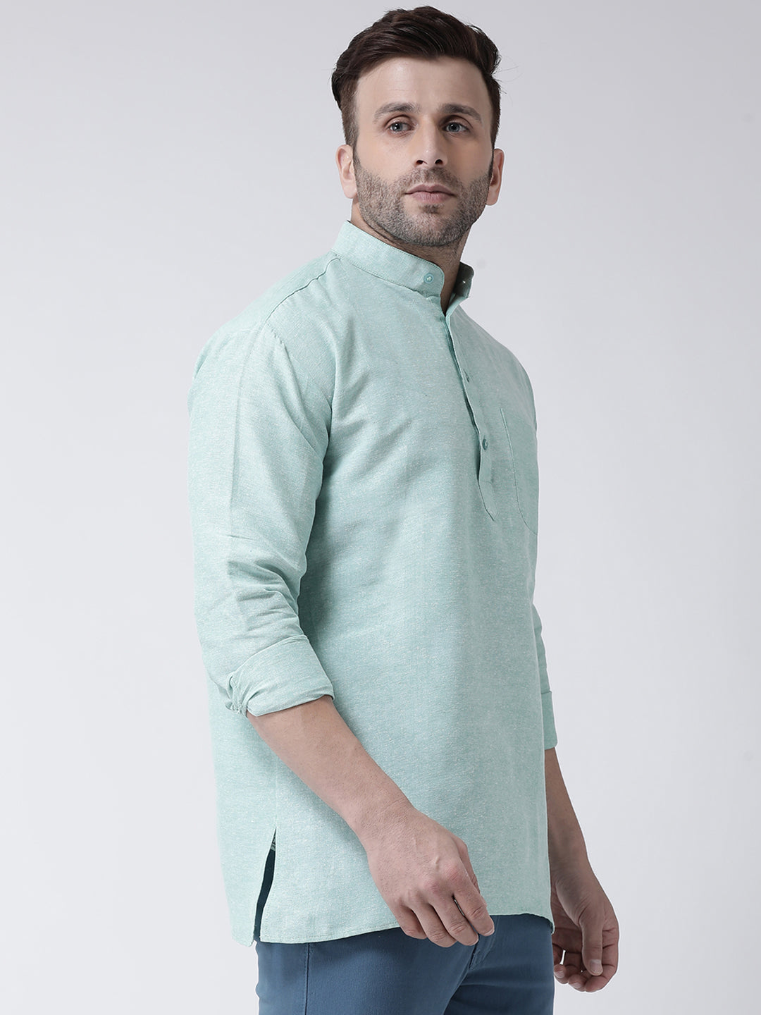 RIAG Green Color Long Sleeves Men's Cotton Short Kurta