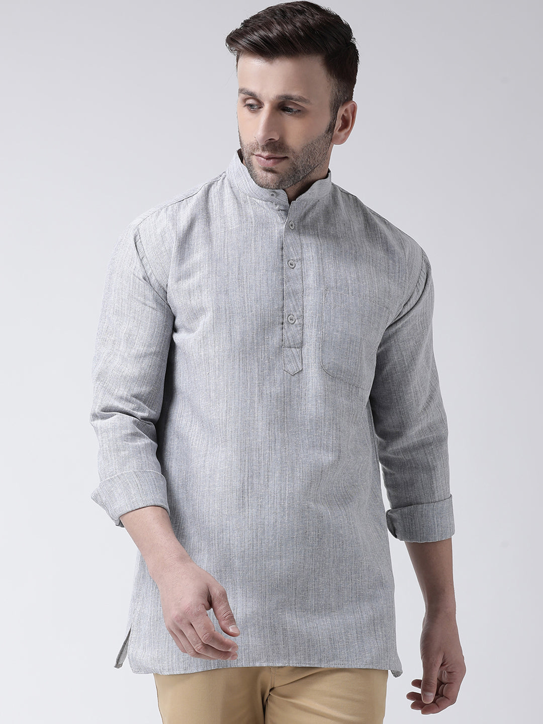 RIAG Grey Color Long Sleeves Men's Cotton Short Kurta