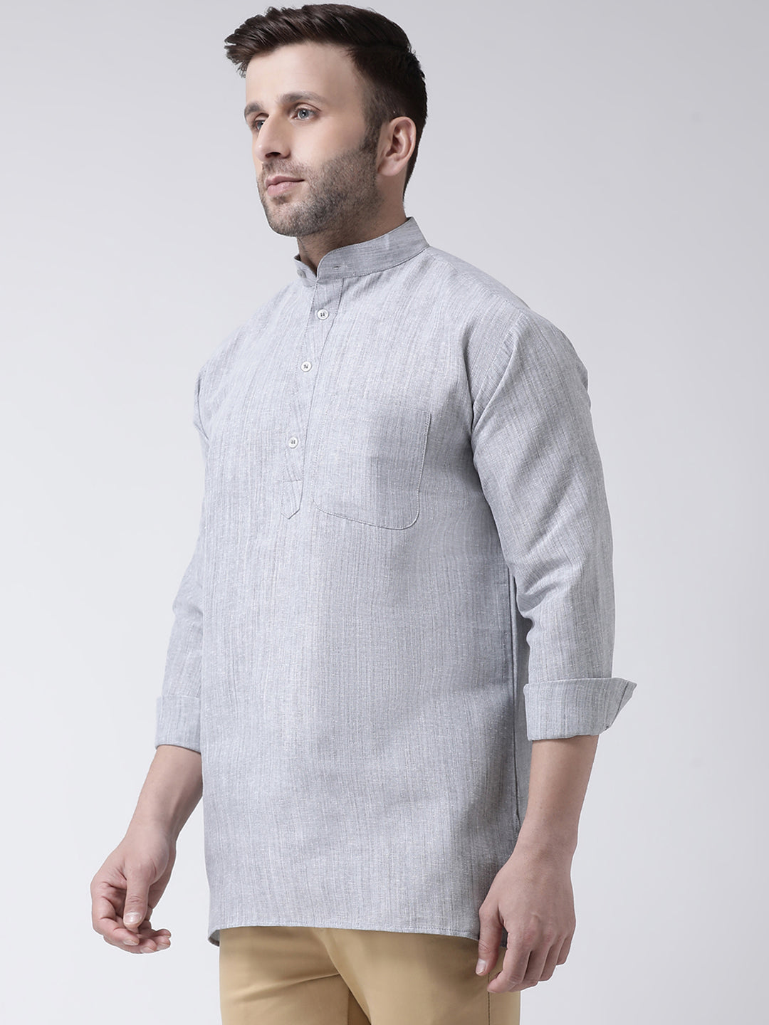 RIAG Grey Color Long Sleeves Men's Cotton Short Kurta