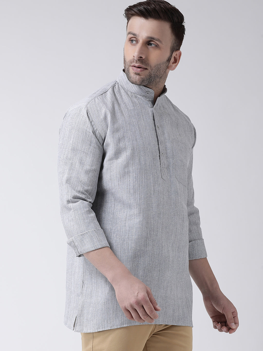 RIAG Grey Color Long Sleeves Men's Cotton Short Kurta