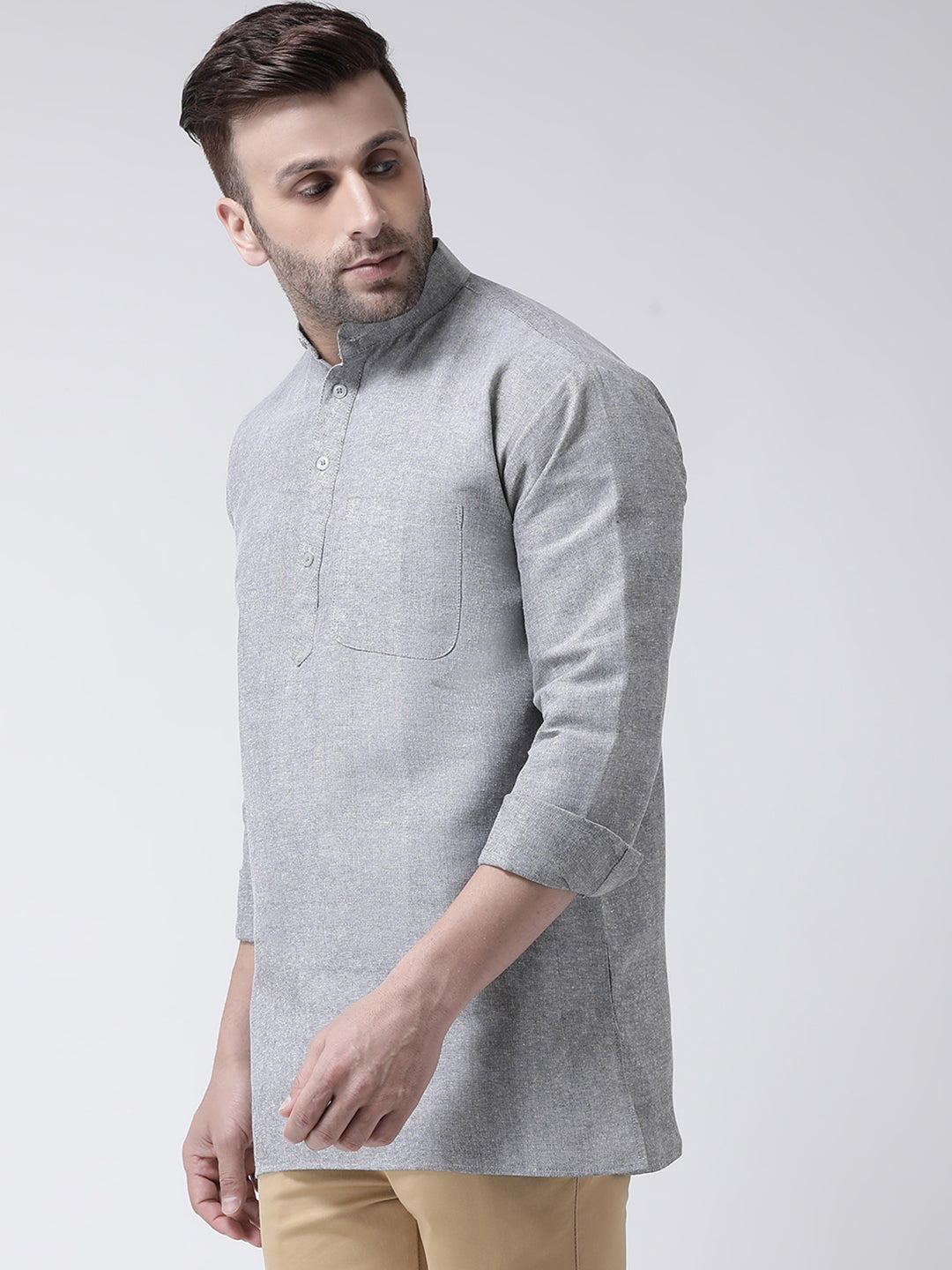 RIAG Grey Color Long Sleeves Men's Cotton Short Kurta