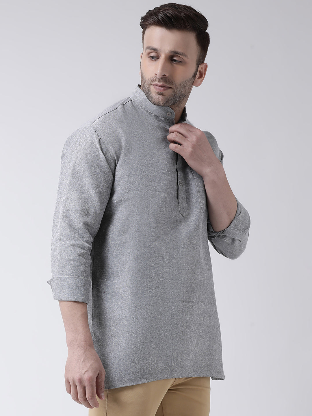 RIAG Grey Color Long Sleeves Men's Cotton Short Kurta