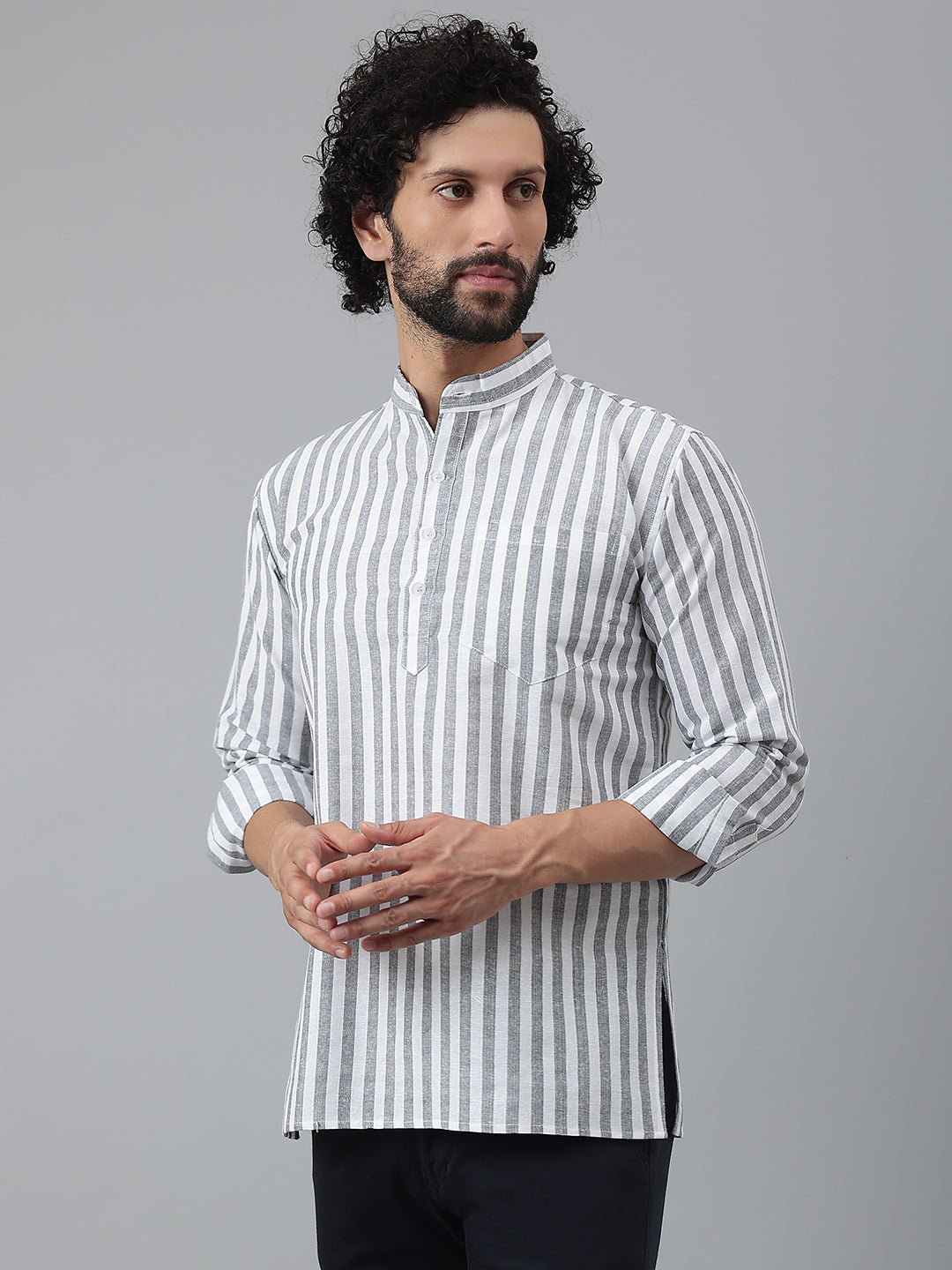 RIAG Grey Color Long Sleeves Casual Men's Cotton Short Kurta