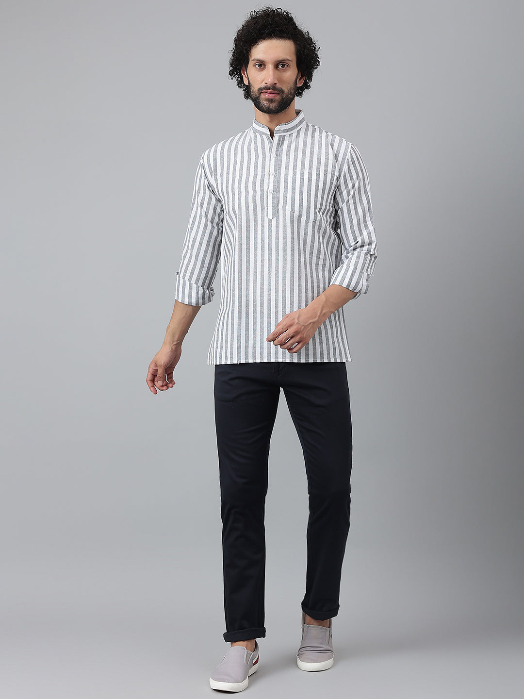 RIAG Grey Color Long Sleeves Casual Men's Cotton Short Kurta