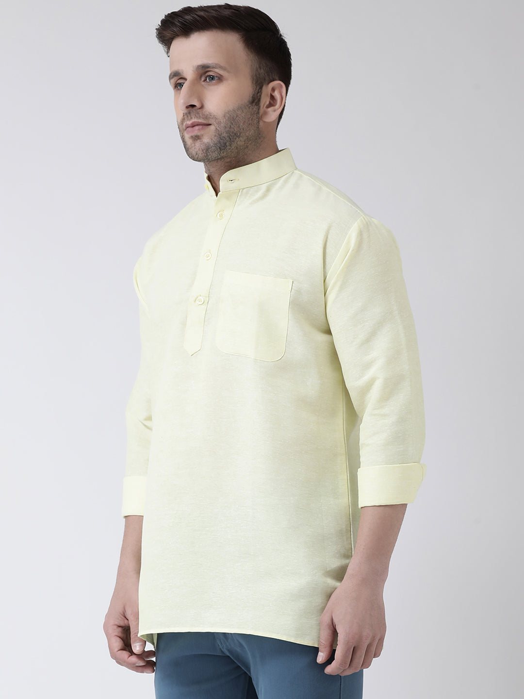 RIAG Yellow Color Long Sleeves Men's Cotton Short Kurta