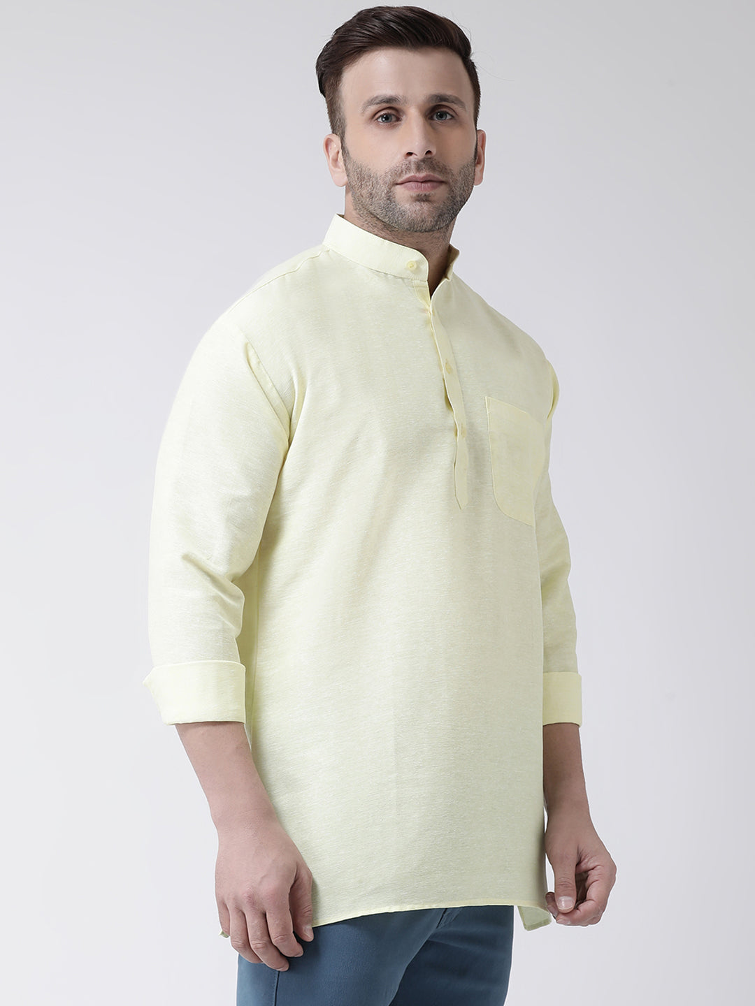 RIAG Yellow Color Long Sleeves Men's Cotton Short Kurta