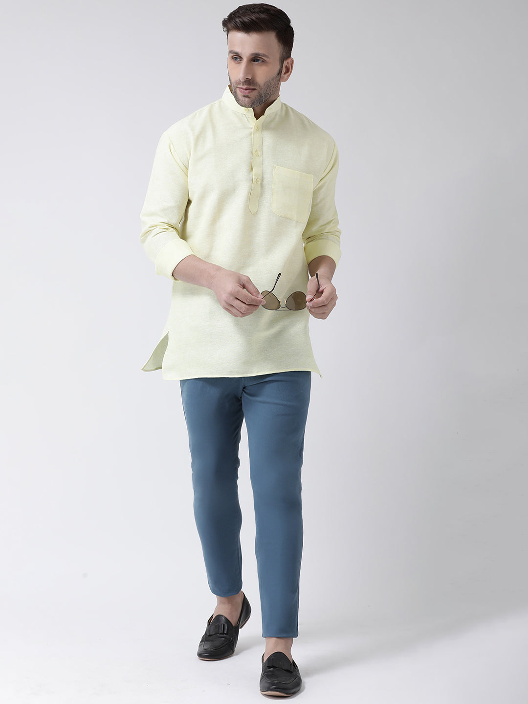 RIAG Yellow Color Long Sleeves Men's Cotton Short Kurta
