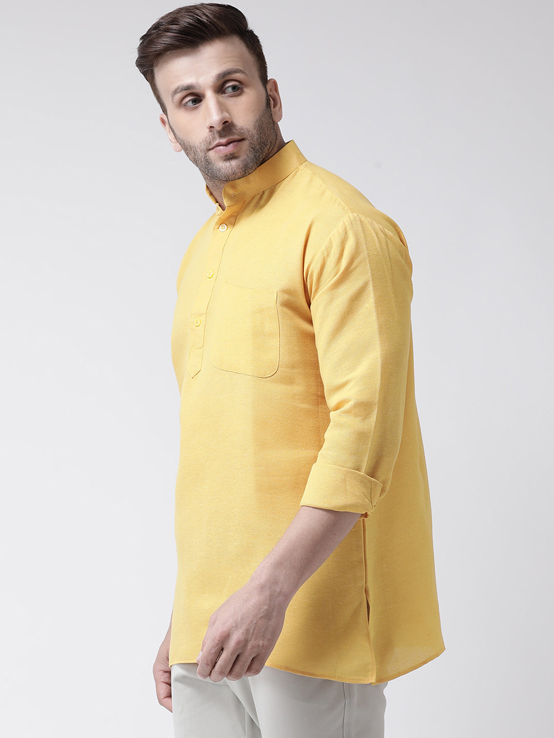 RIAG Yellow Color Long Sleeves Men's Cotton Short Kurta