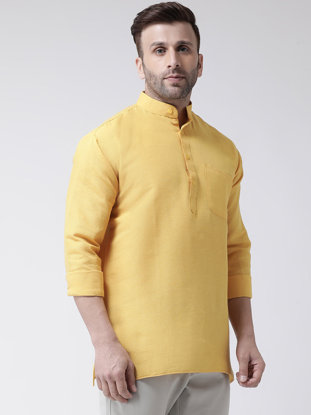 RIAG Yellow Color Long Sleeves Men's Cotton Short Kurta