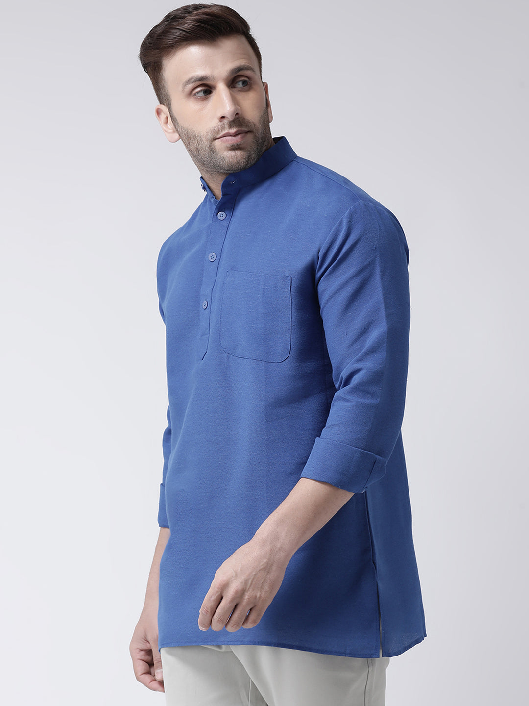 RIAG Navy Blue Color Long Sleeves Men's Cotton Short Kurta