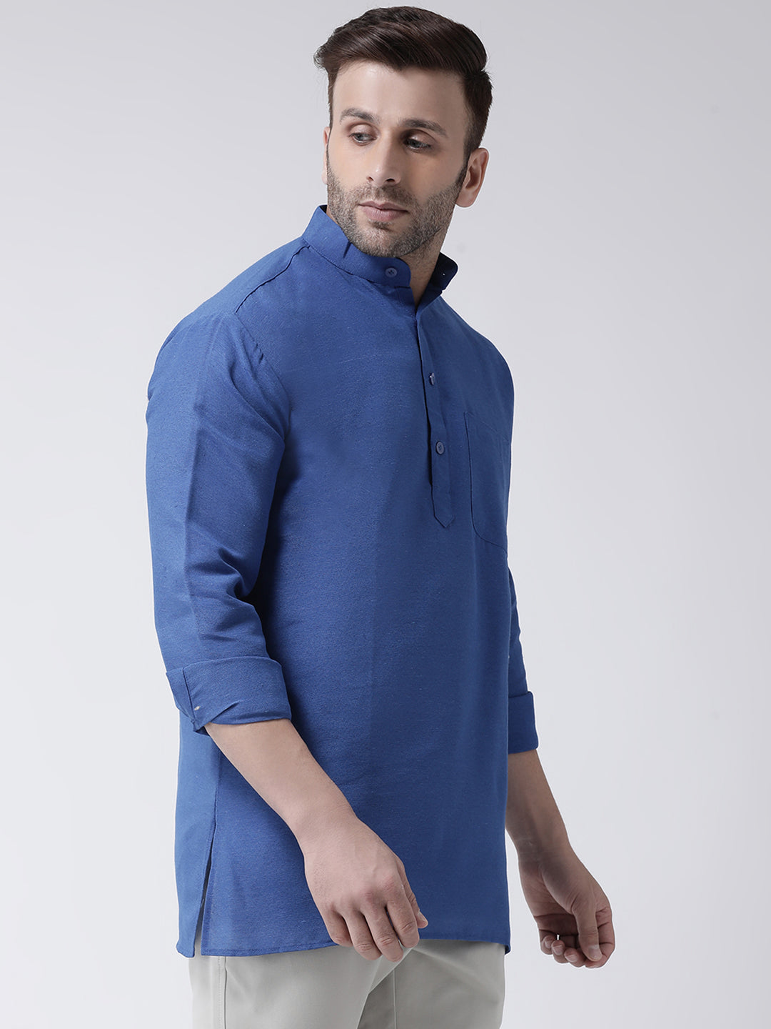 RIAG Navy Blue Color Long Sleeves Men's Cotton Short Kurta