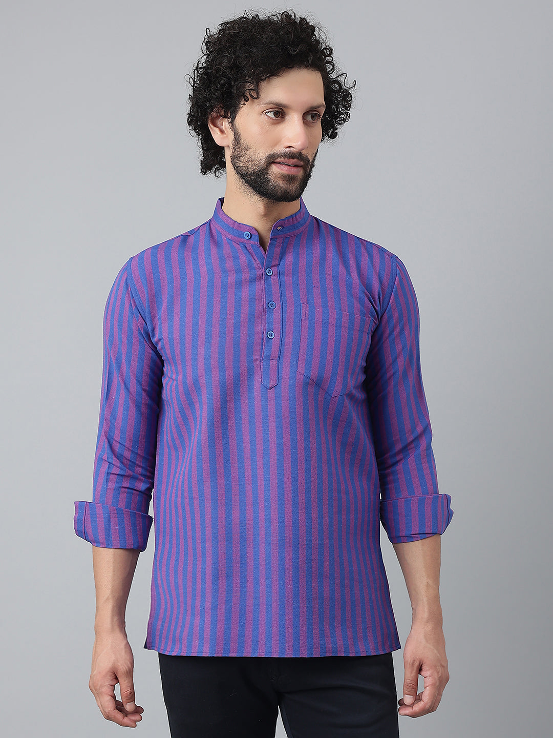 RIAG Navy Blue Color Long Sleeves Casual Men's Cotton Short Kurta