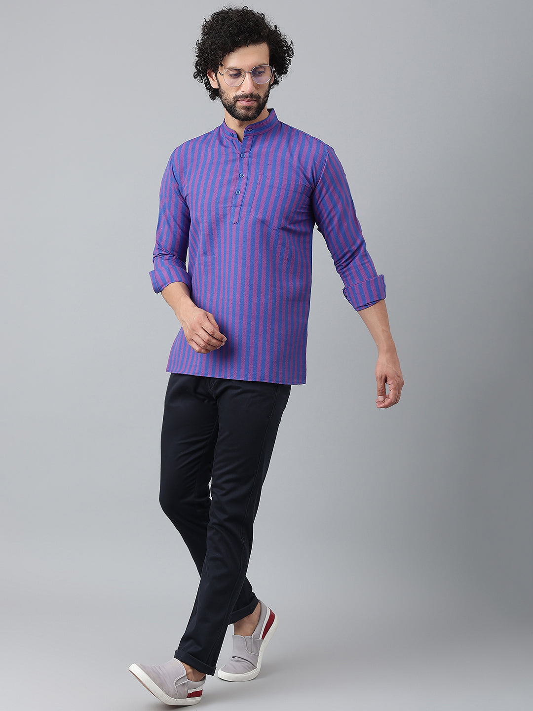 RIAG Navy Blue Color Long Sleeves Casual Men's Cotton Short Kurta