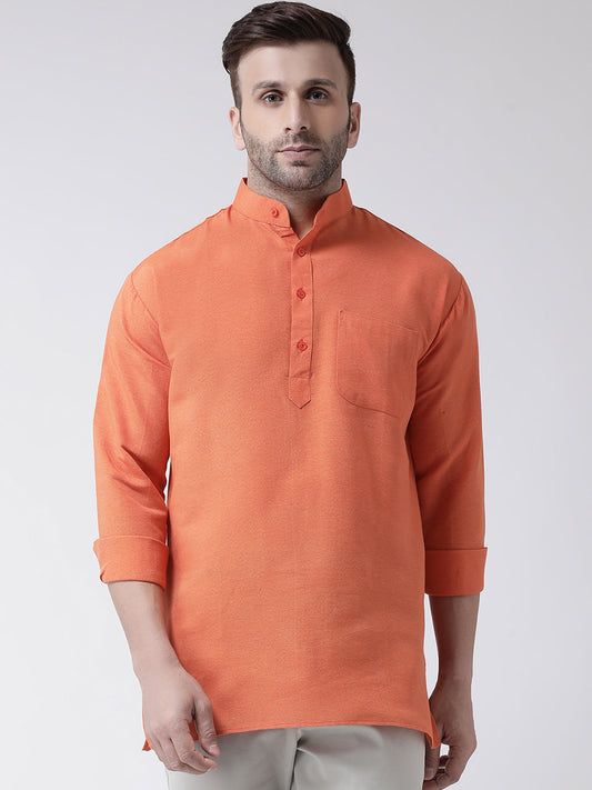 RIAG Orange Color Long Sleeves Men's Cotton Short Kurta