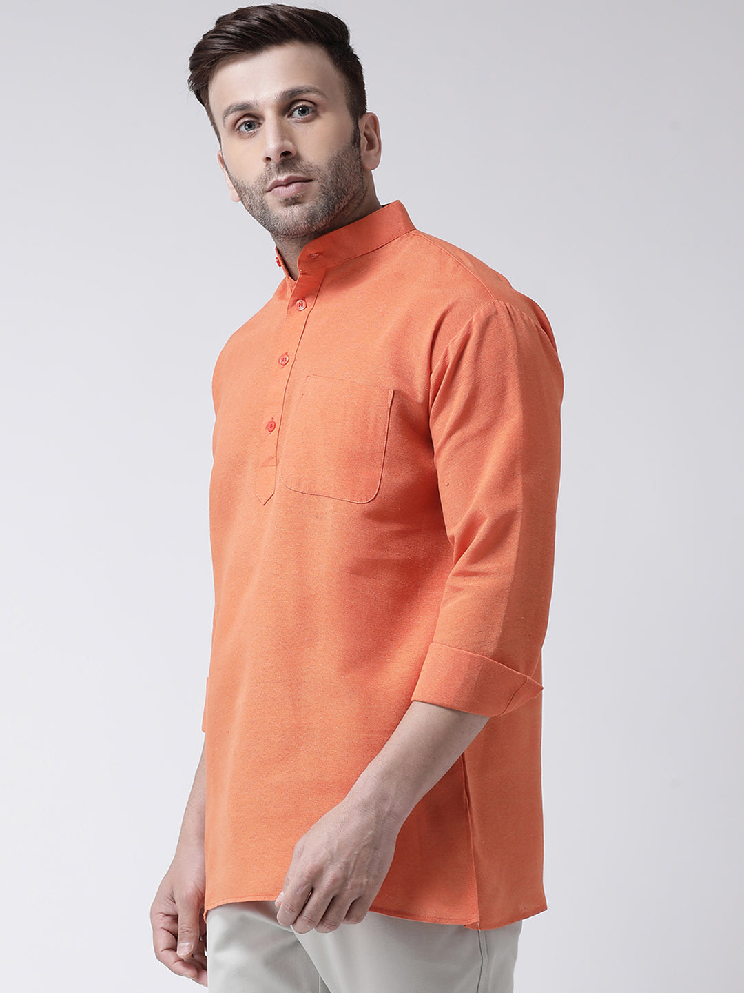 RIAG Orange Color Long Sleeves Men's Cotton Short Kurta