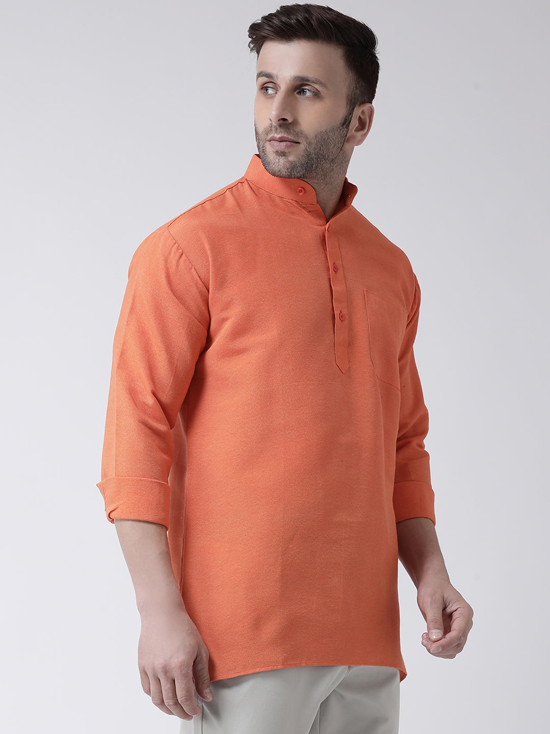RIAG Orange Color Long Sleeves Men's Cotton Short Kurta
