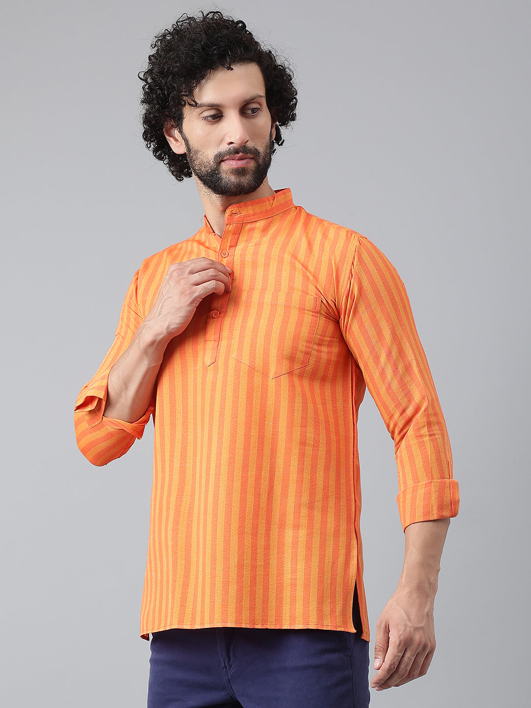 RIAG Orange Color Long Sleeves Casual Men's Cotton Short Kurta