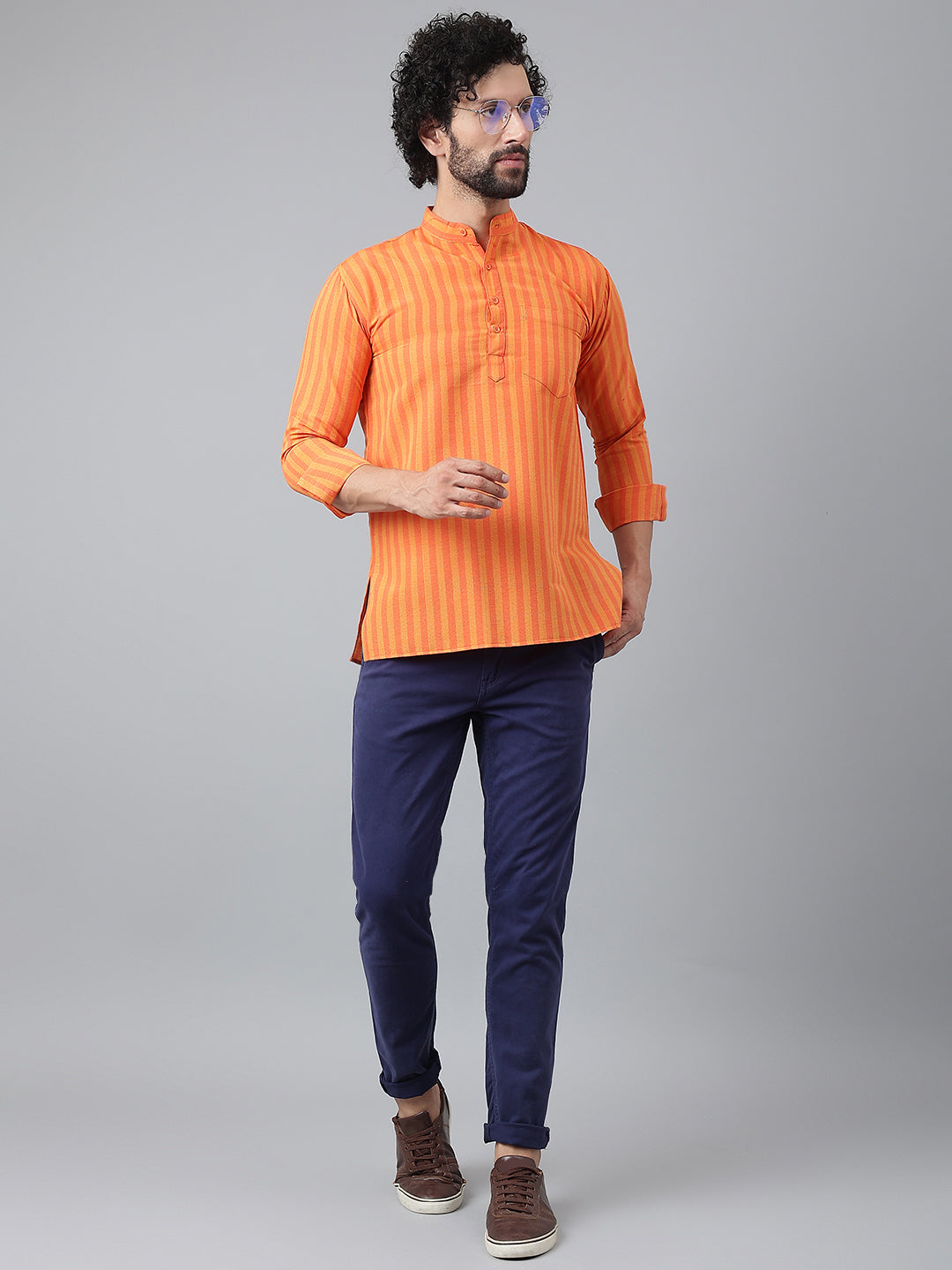 RIAG Orange Color Long Sleeves Casual Men's Cotton Short Kurta