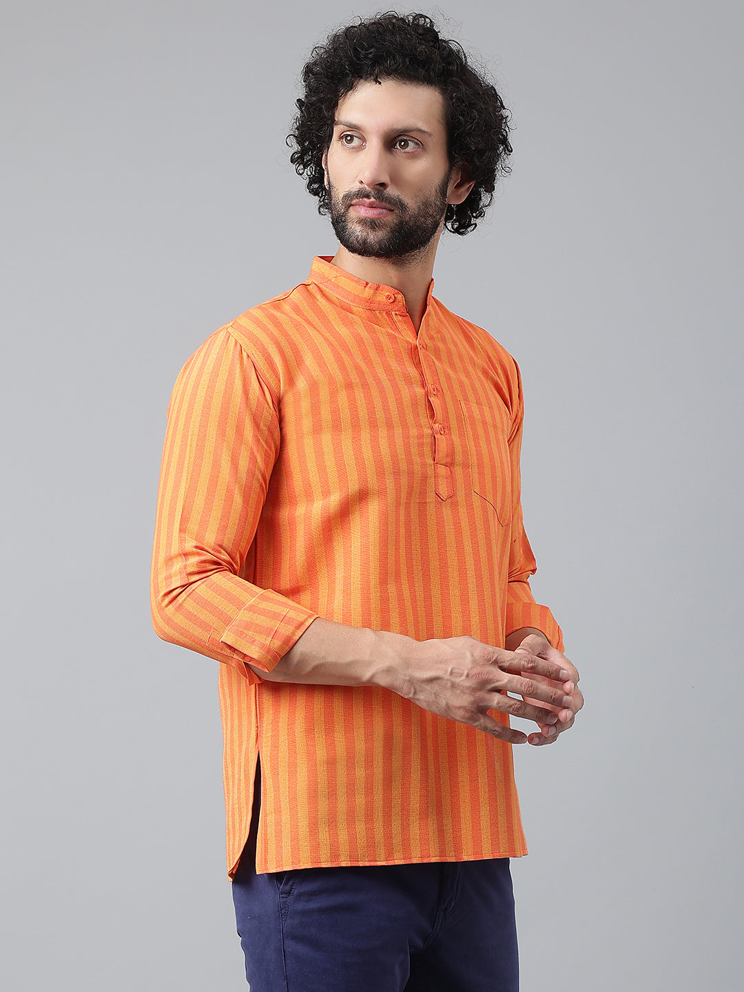 RIAG Orange Color Long Sleeves Casual Men's Cotton Short Kurta