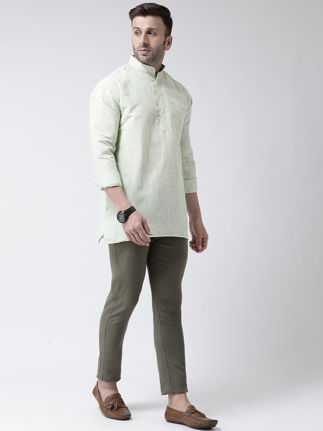 RIAG Green Color Long Sleeves Men's Cotton Short Kurta