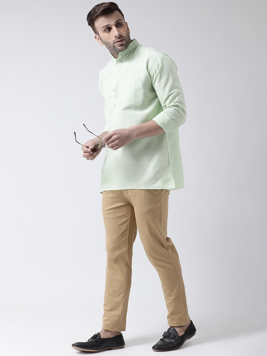 RIAG Green Color Long Sleeves Men's Cotton Short Kurta