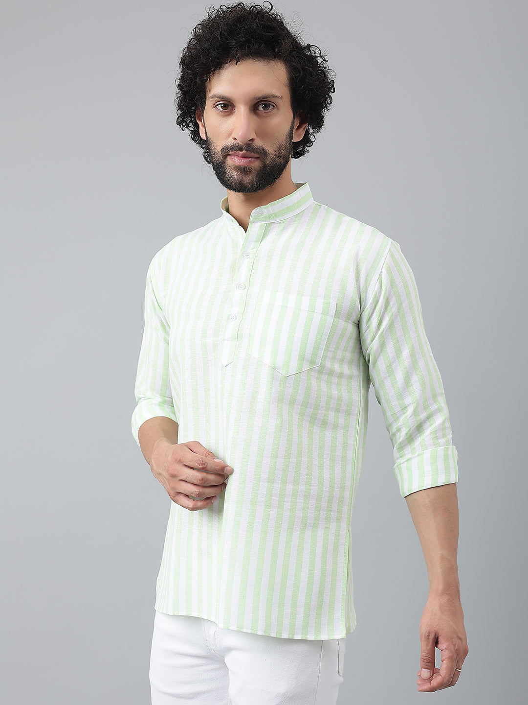 RIAG Green Color Long Sleeves Casual Men's Cotton Short Kurta