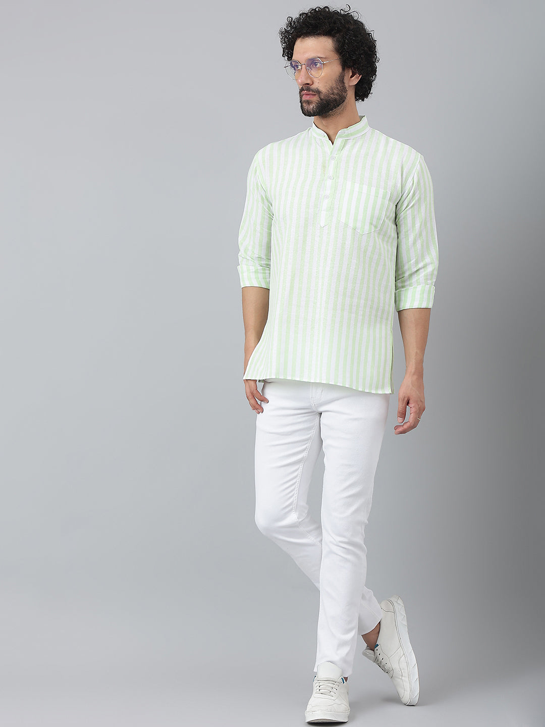 RIAG Green Color Long Sleeves Casual Men's Cotton Short Kurta