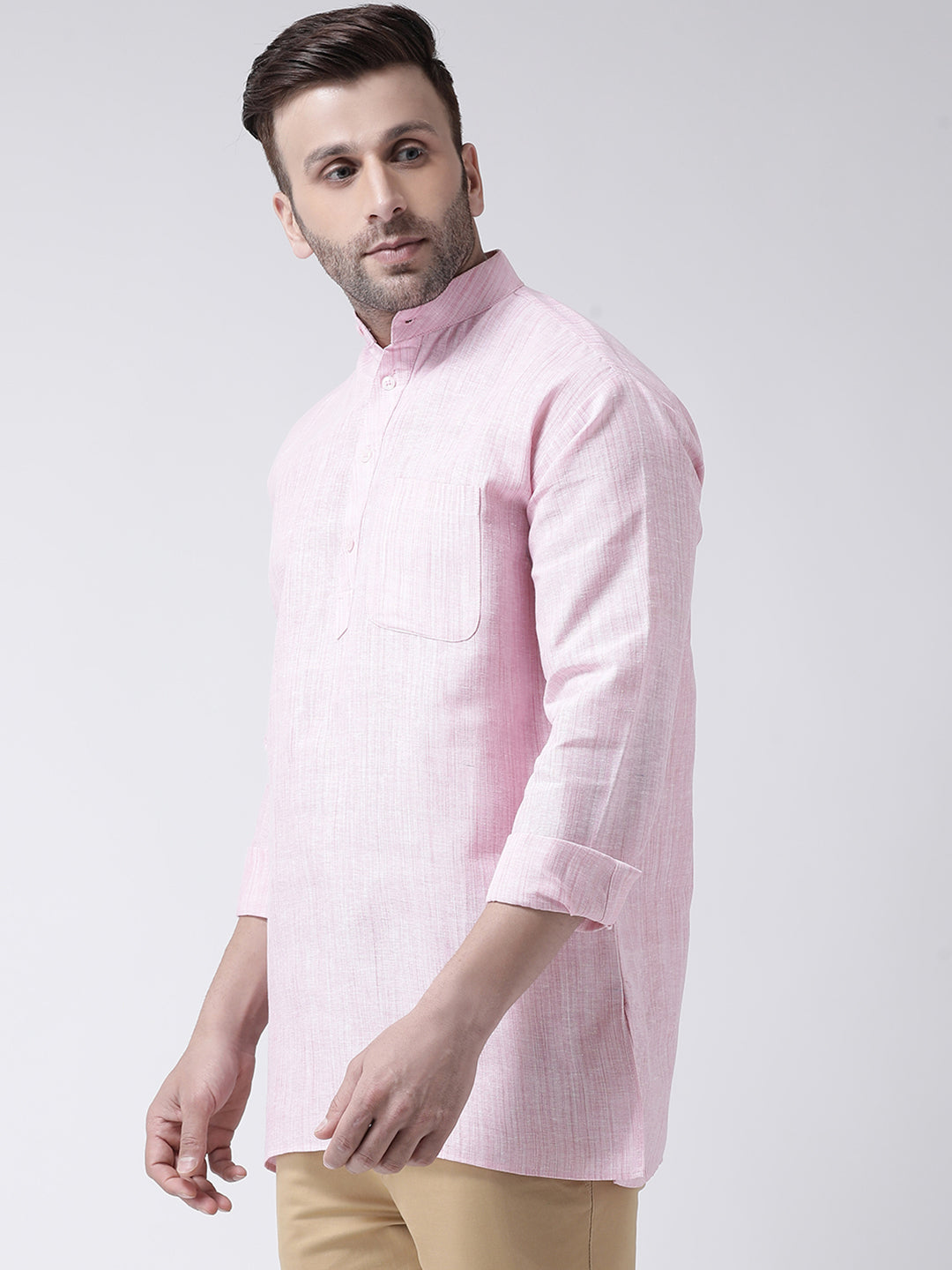 RIAG Pink Color Long Sleeves Men's Cotton Short Kurta