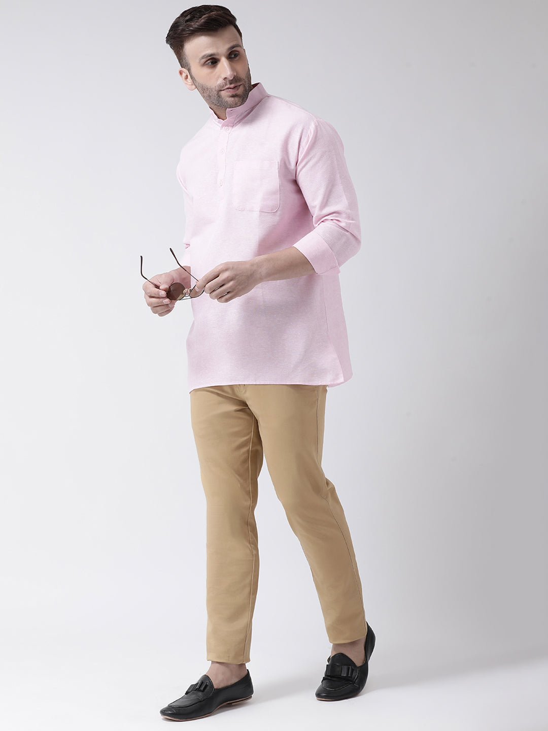RIAG Pink Color Long Sleeves Men's Cotton Short Kurta