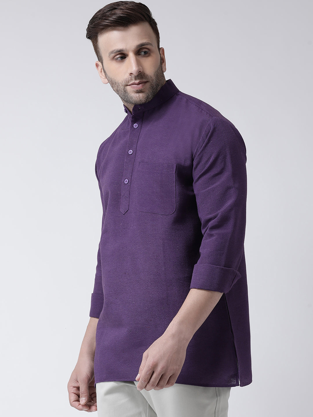 RIAG Purple Color Long Sleeves Men's Cotton Short Kurta