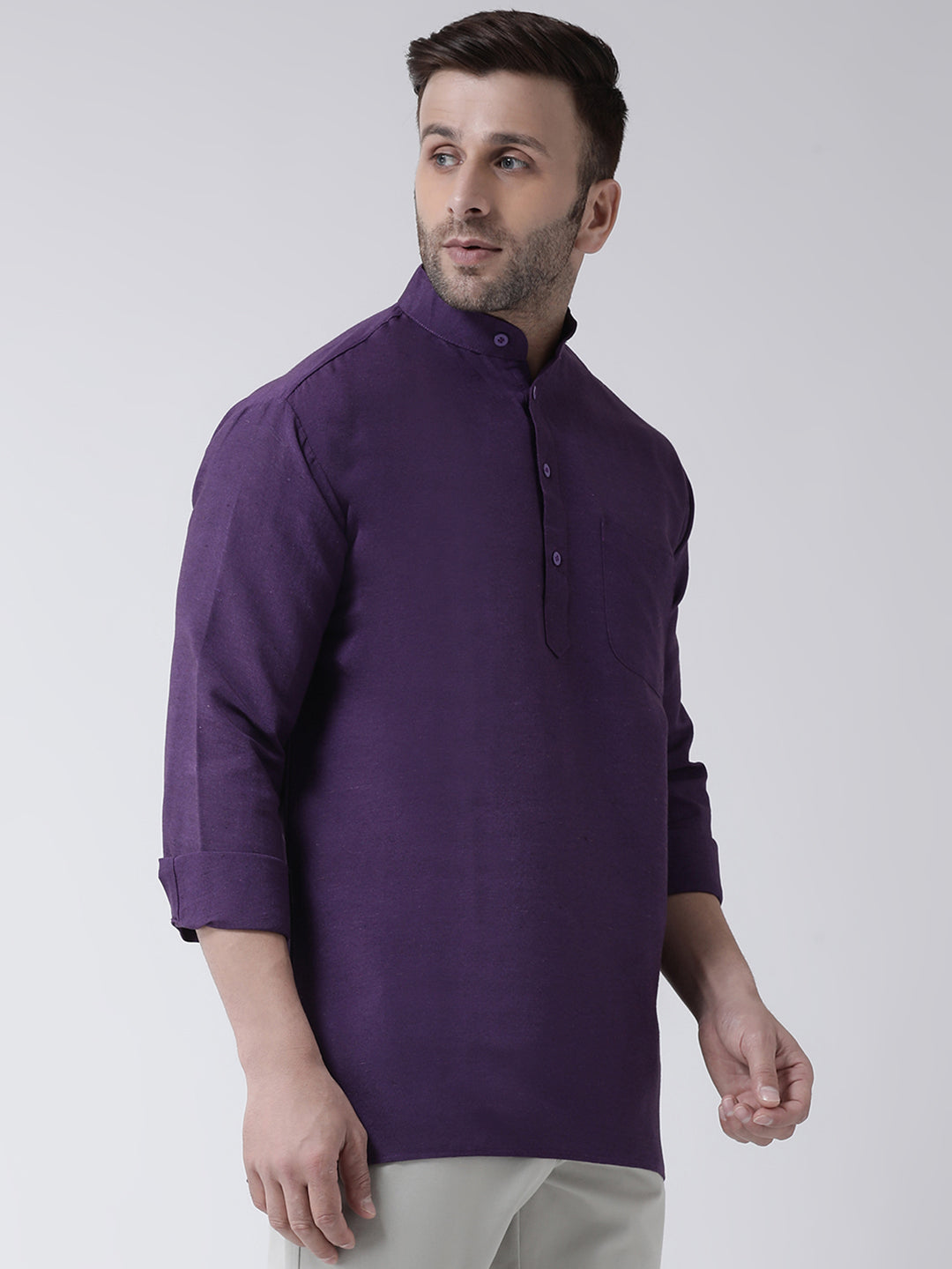 RIAG Purple Color Long Sleeves Men's Cotton Short Kurta