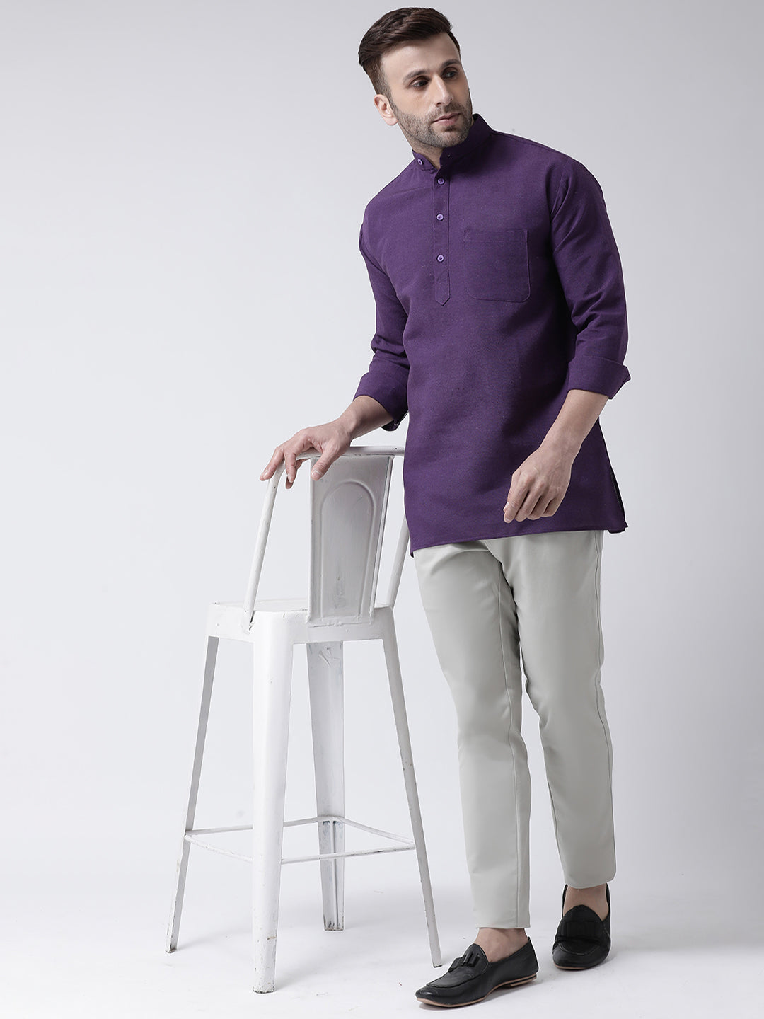 RIAG Purple Color Long Sleeves Men's Cotton Short Kurta