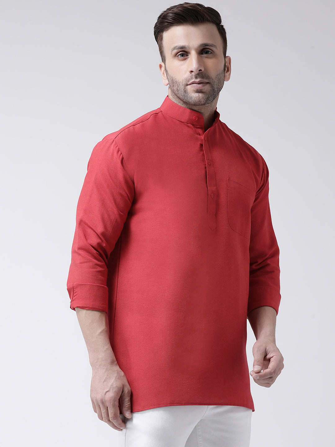 RIAG Red Color Long Sleeves Men's Cotton Short Kurta