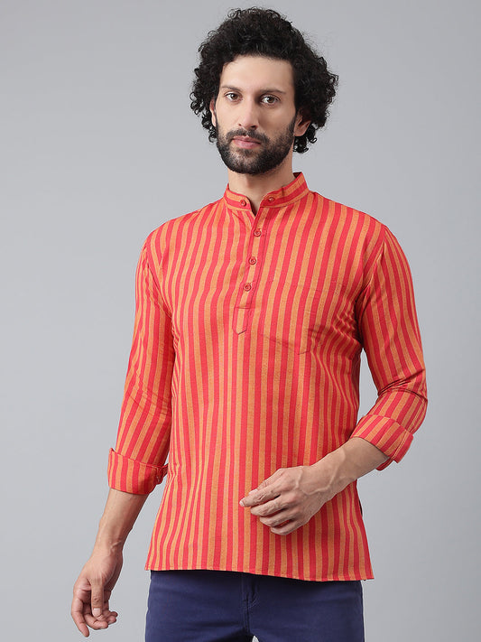 RIAG Red Color Long Sleeves Casual Men's Cotton Short Kurta