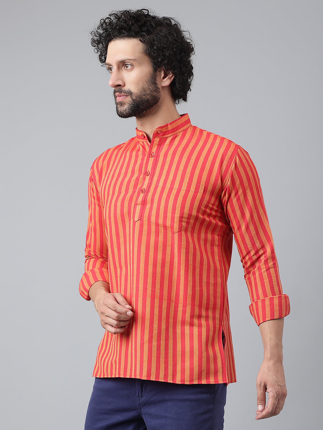 RIAG Red Color Long Sleeves Casual Men's Cotton Short Kurta