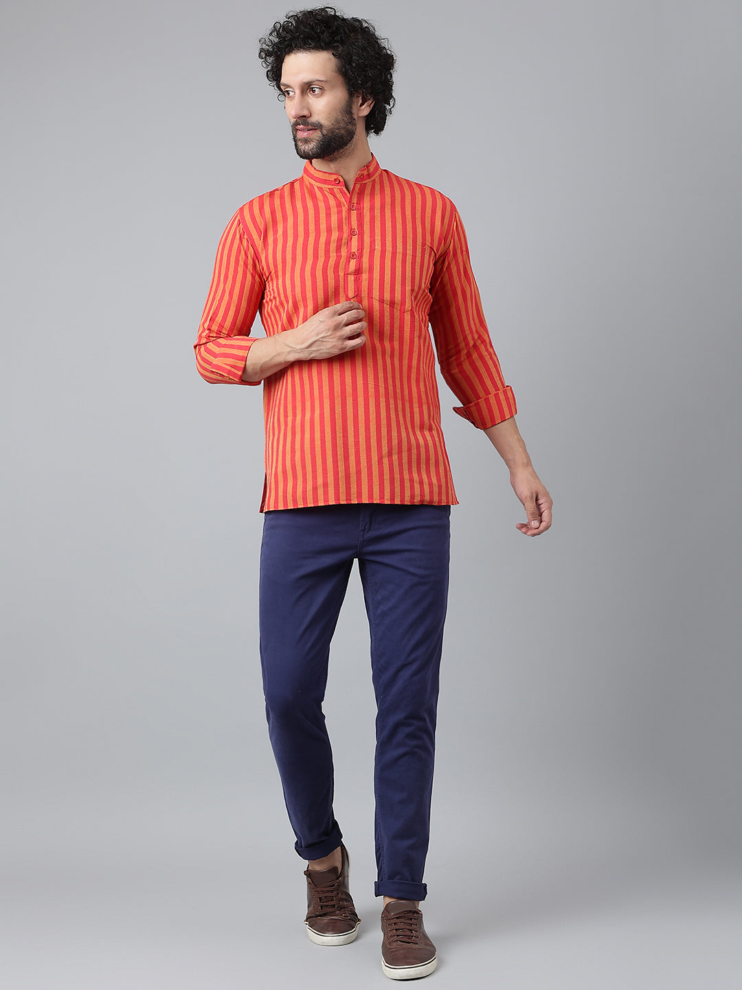 RIAG Red Color Long Sleeves Casual Men's Cotton Short Kurta