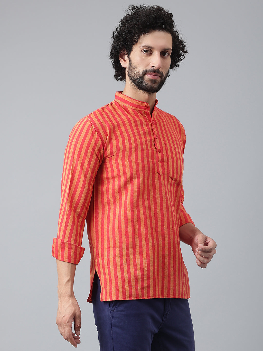 RIAG Red Color Long Sleeves Casual Men's Cotton Short Kurta