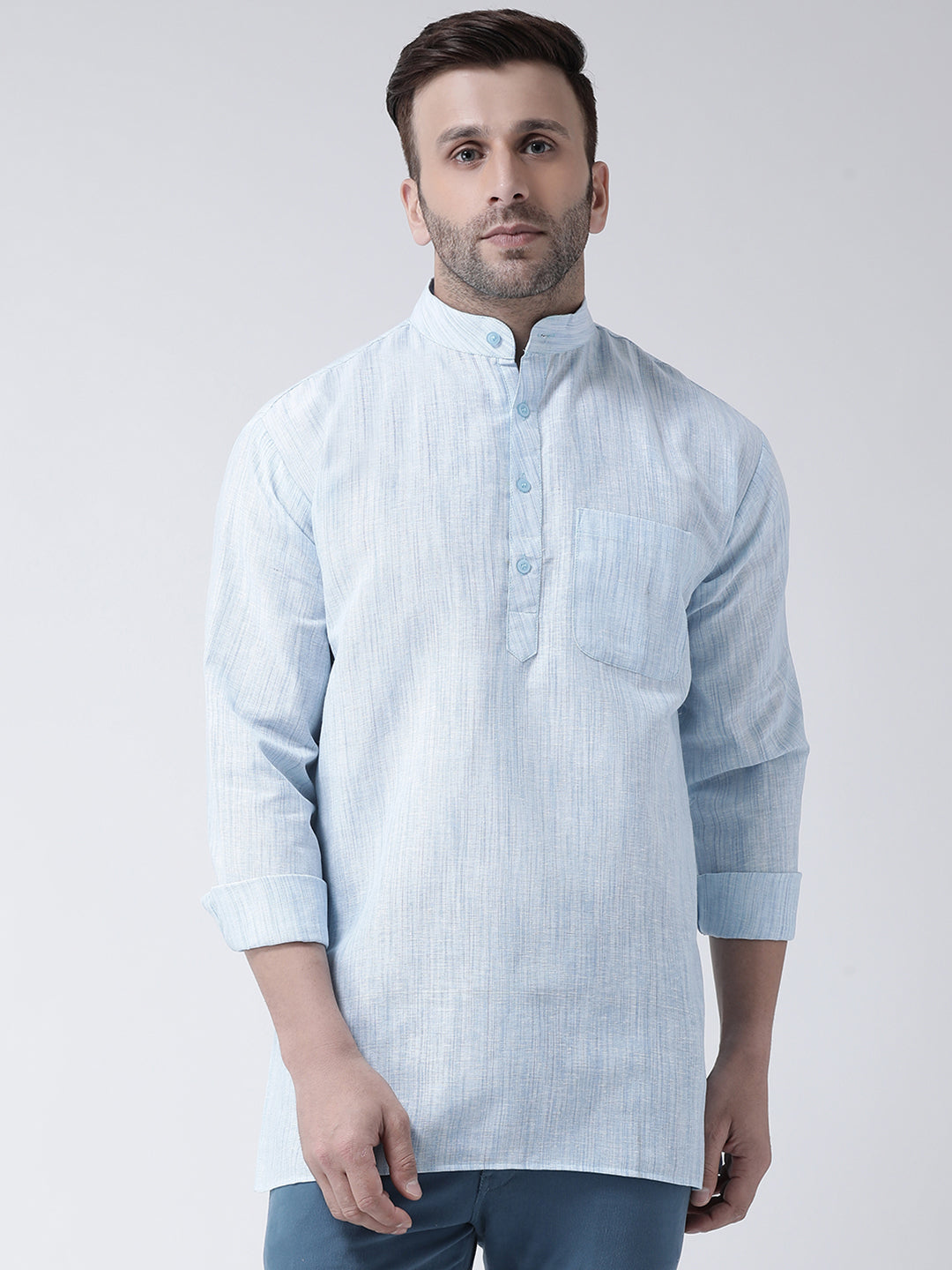 RIAG Blue Color Long Sleeves Men's Cotton Short Kurta