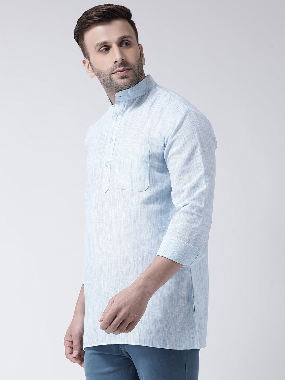 RIAG Blue Color Long Sleeves Men's Cotton Short Kurta