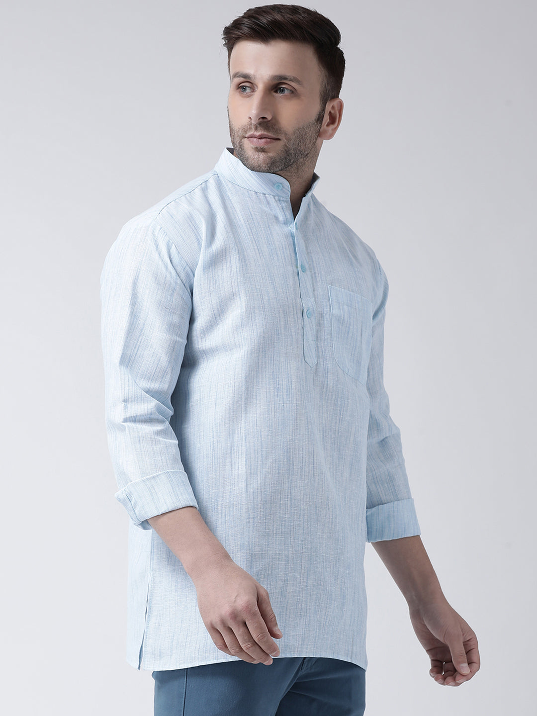 RIAG Blue Color Long Sleeves Men's Cotton Short Kurta