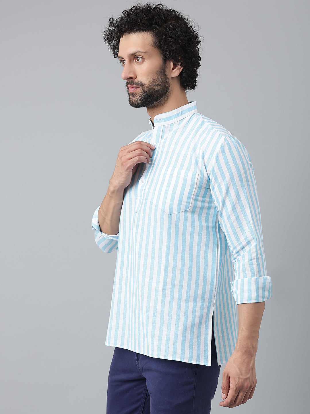 RIAG Blue Color Long Sleeves Casual Men's Cotton Short Kurta